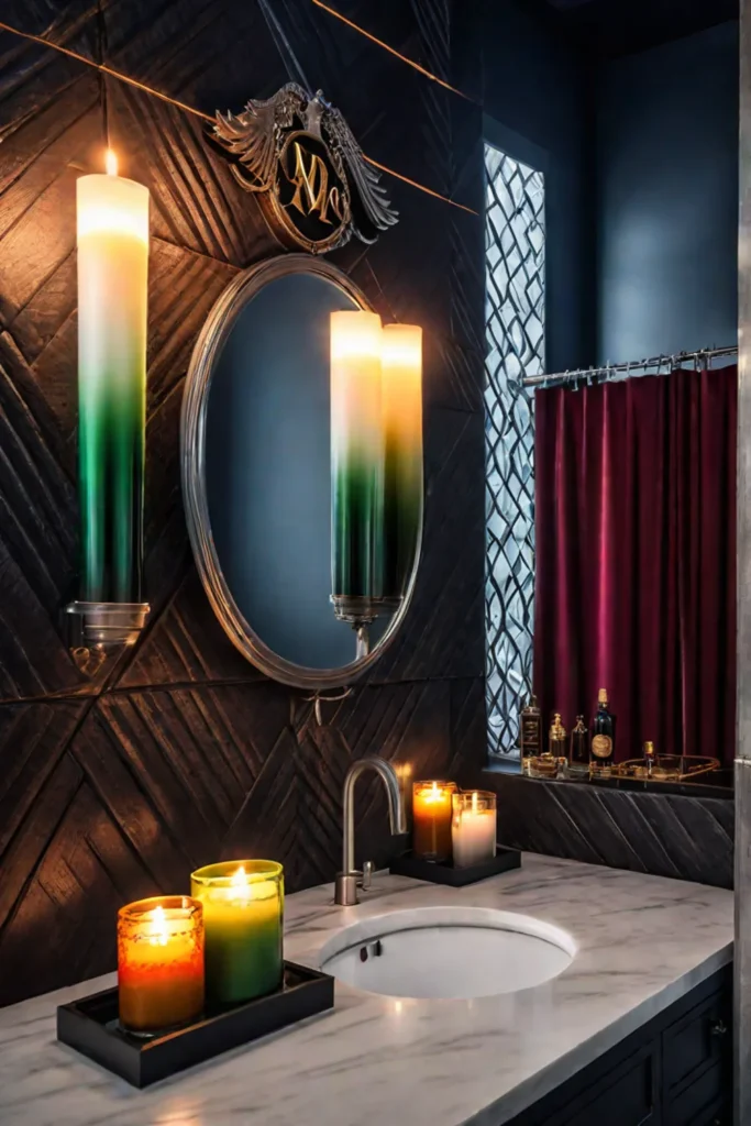 Harry Potterthemed bathroom with Hogwarts house colors and magical elements