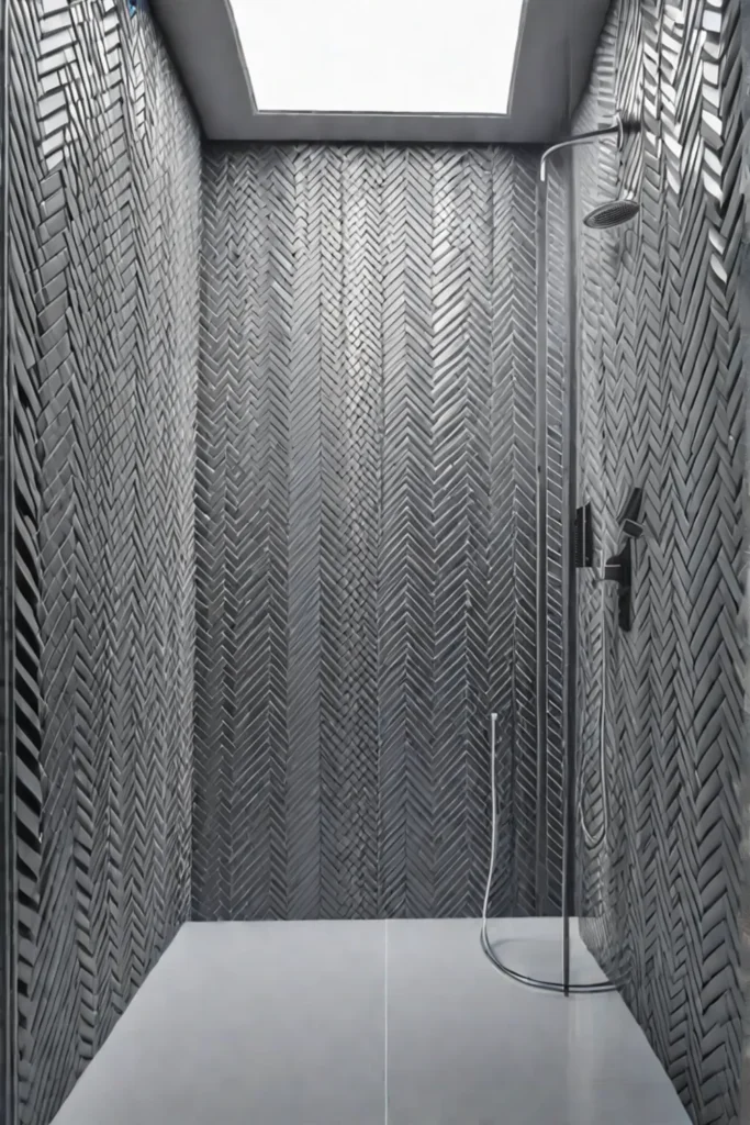 Herringbone tile pattern adding movement to a small shower