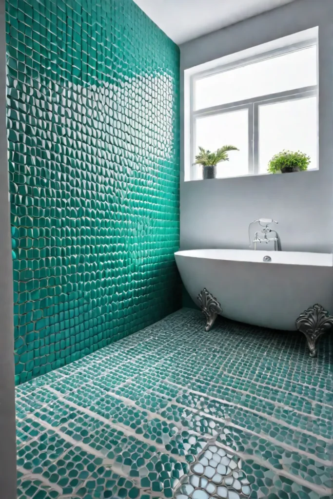 Hexagonal mosaic tile floor in a white bathroom