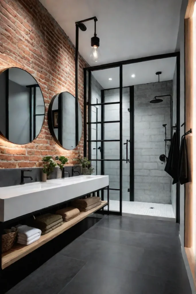 Industrial bathroom with exposed brick concrete floors and a walkin shower
