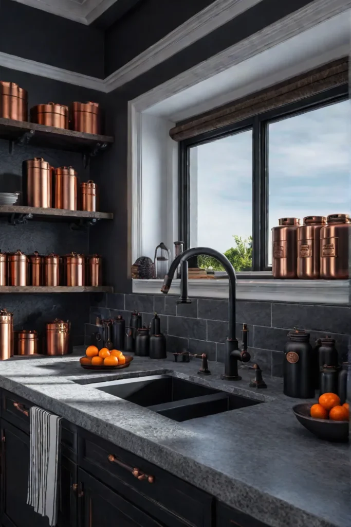 Industrial kitchen countertop with black and copper canisters