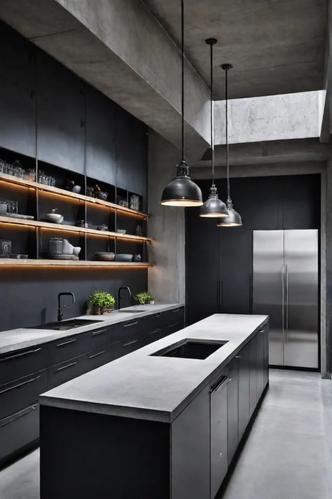 Industrial kitchen with dark gray polished concrete flooring