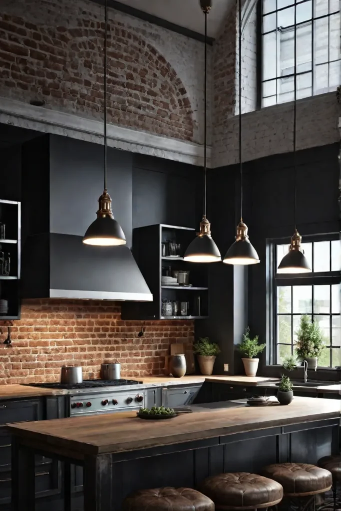 Industrial kitchen with pendant lights and track lighting