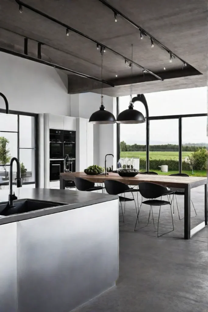 Industrial kitchen with polished concrete flooring