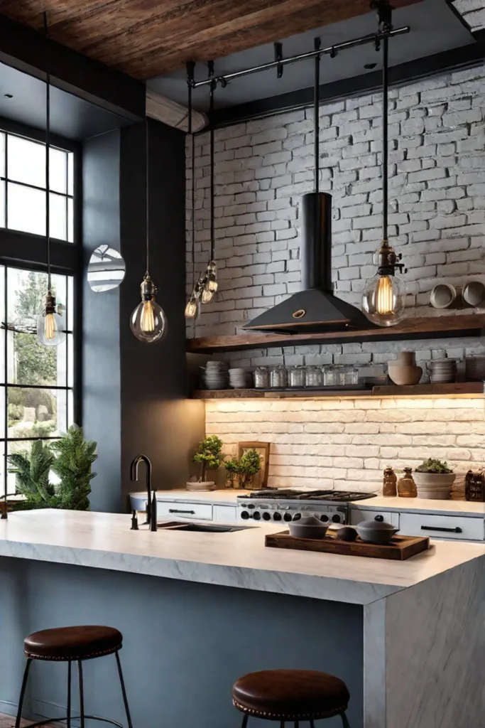 Industrial kitchen with track lighting and Edison bulb pendants for a blend