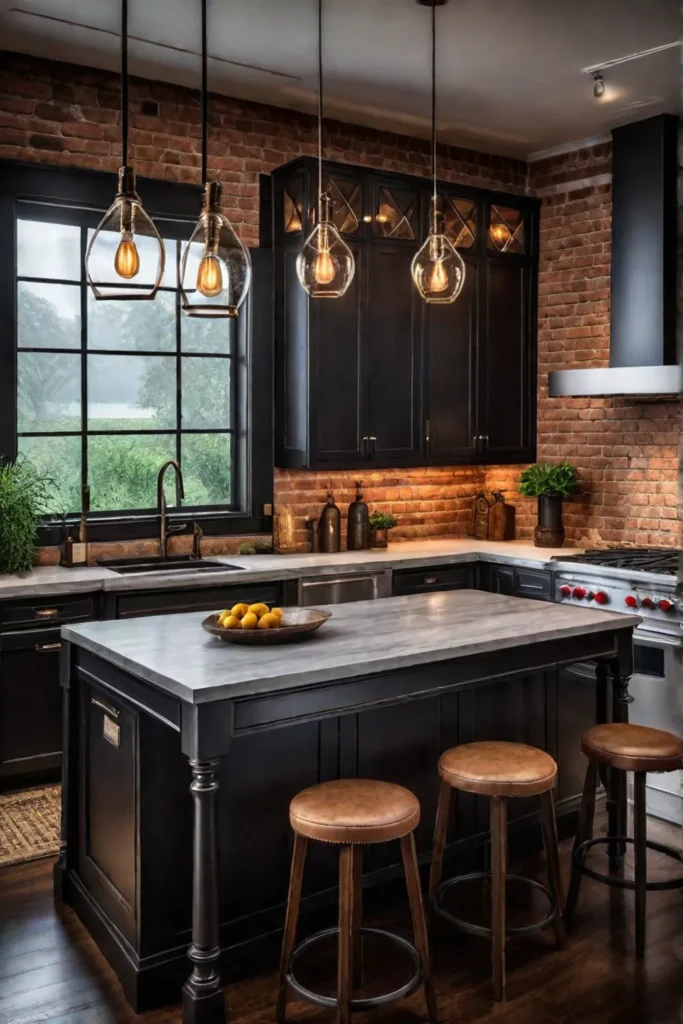 Industrial kitchen with vintage pendant lights and Edison bulbs