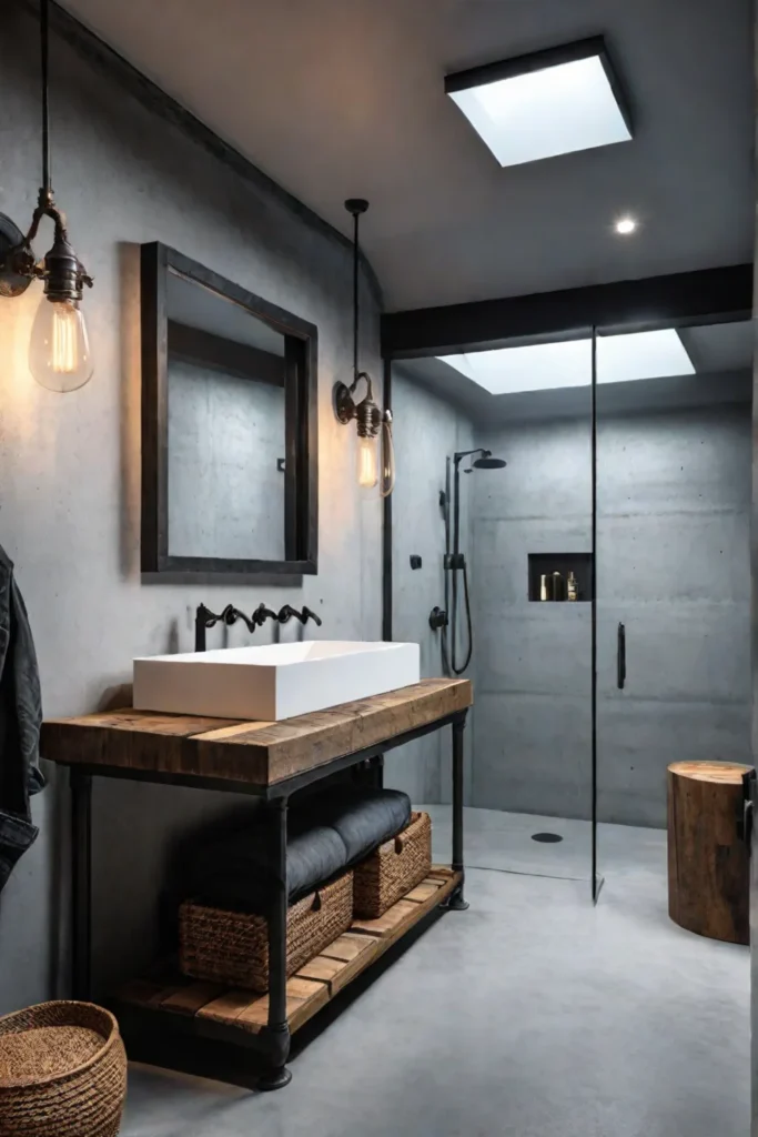 Industrial master bathroom with reclaimed wood and metal vanity