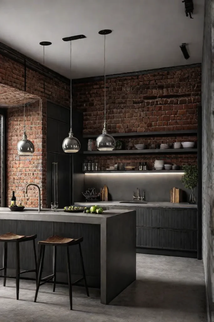 Industrial style kitchen with concrete countertops and exposed brick