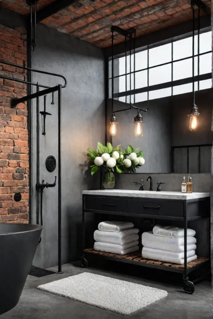 Industrialstyle bathroom with exposed brick and metal fixtures