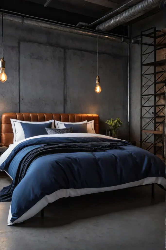 Industrialstyle bedroom with metal accents and concrete floor