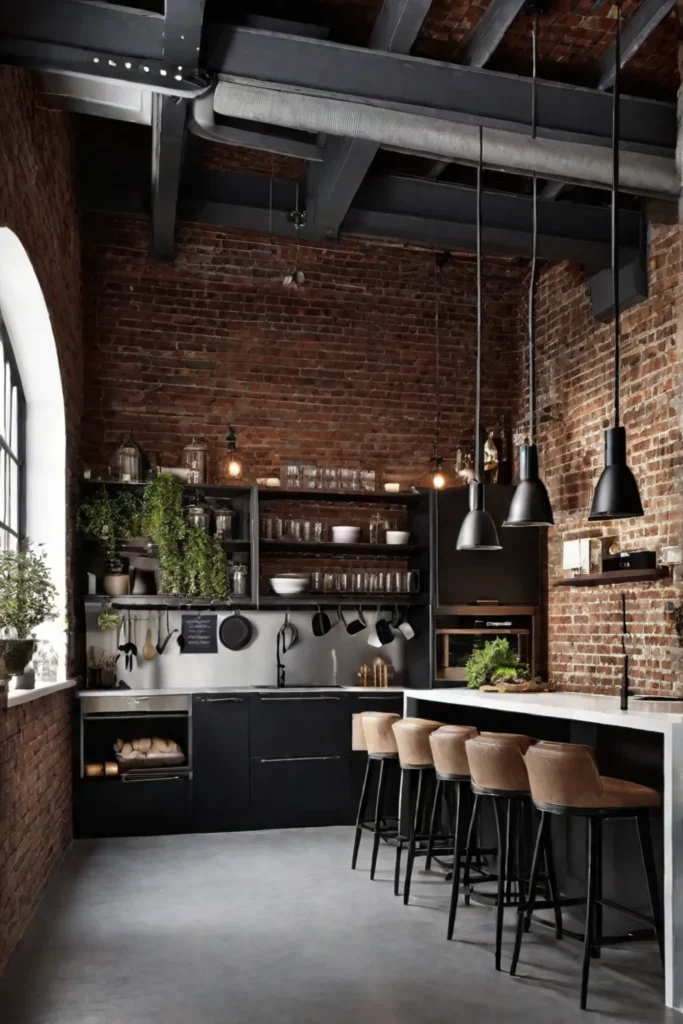 Industrialstyle kitchen lighting with metal pendants and exposed brick