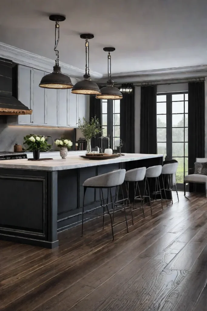Industrialstyle kitchen with distressed engineered wood flooring