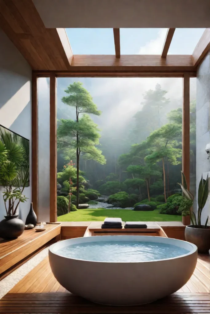 Japaneseinspired bathroom with a soaking tub and zen garden