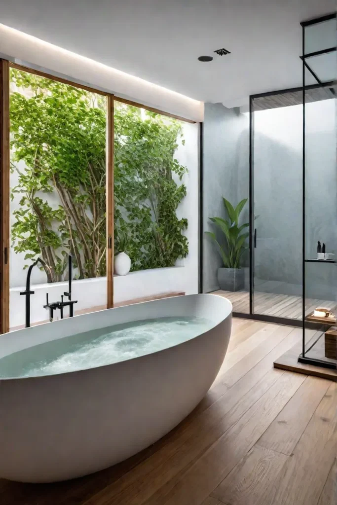 Japaneseinspired bathroom with natural materials a soaking tub and shoji screens