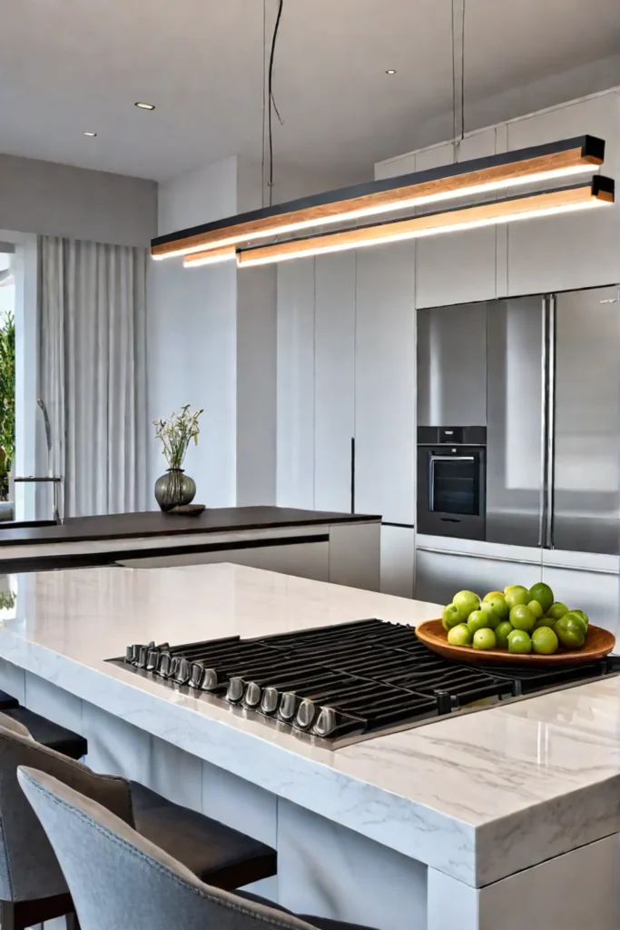 Kitchen island with adjustable pendant lights offering versatile lighting options