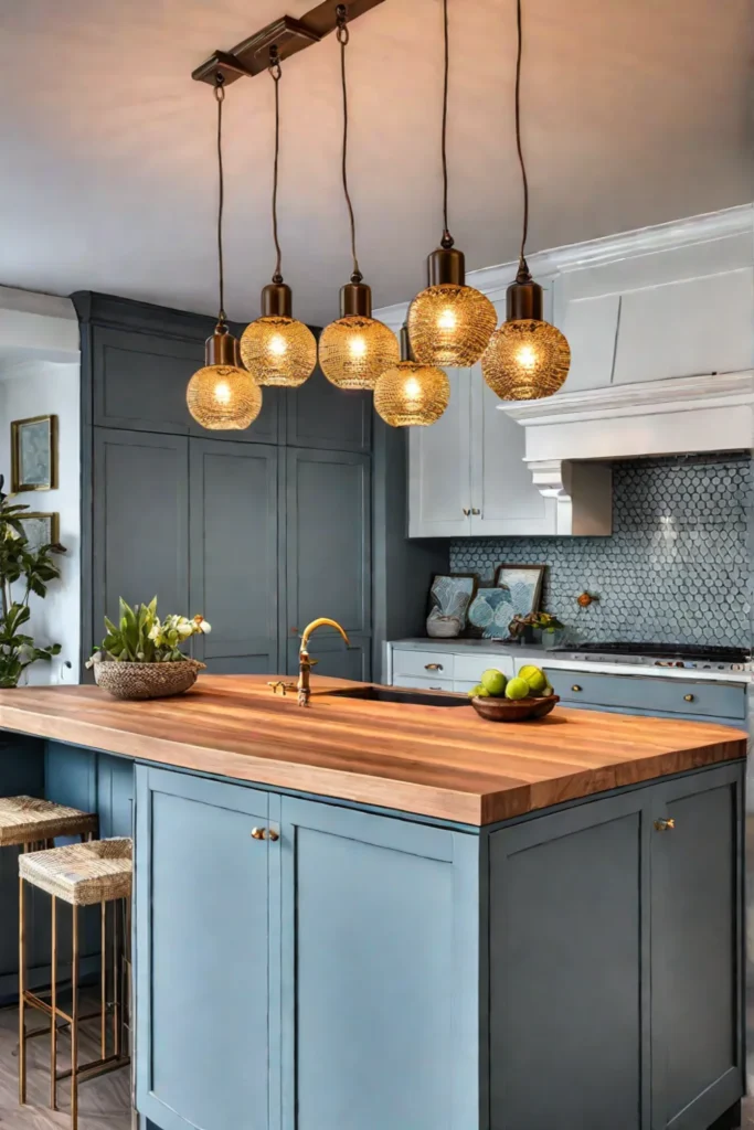 Kitchen island with colorful glass pendant lights