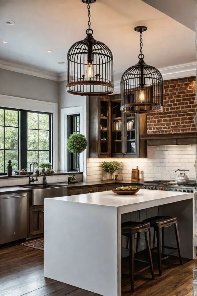 Kitchen island with industrial cage pendant lights