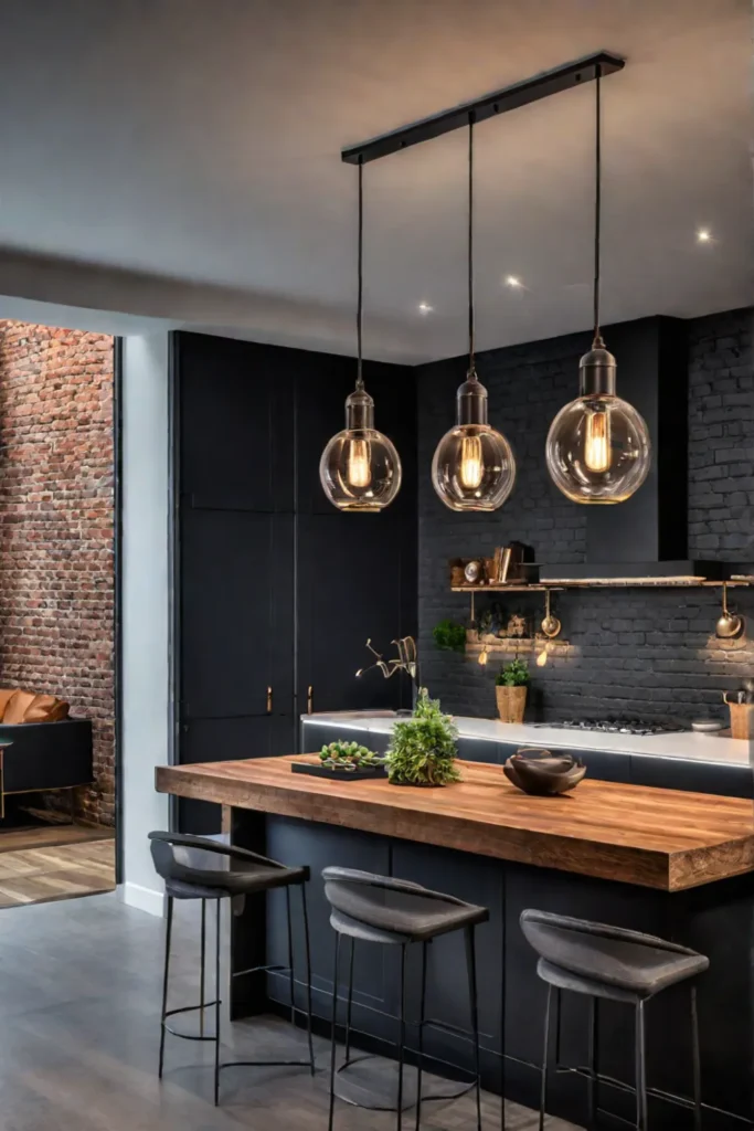 Kitchen island with industrial pendant lights and exposed bulbs
