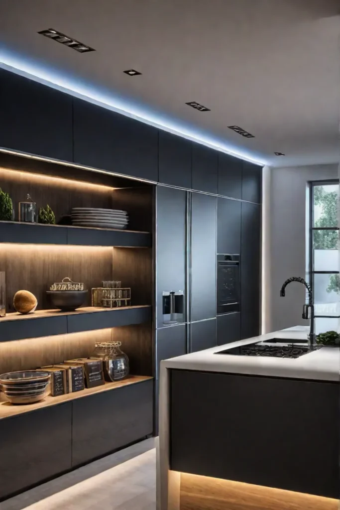 Kitchen pantry with recessed and LED strip lighting