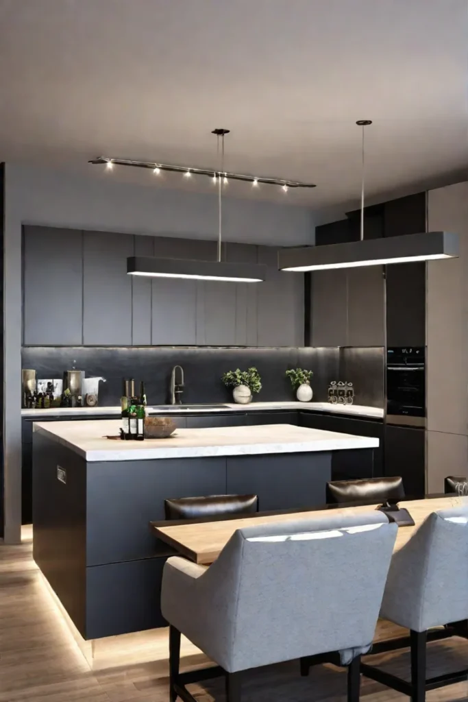 Kitchen with breakfast bar and pendant lighting