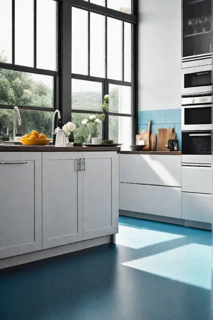 Kitchen with brightcolored rubber flooring