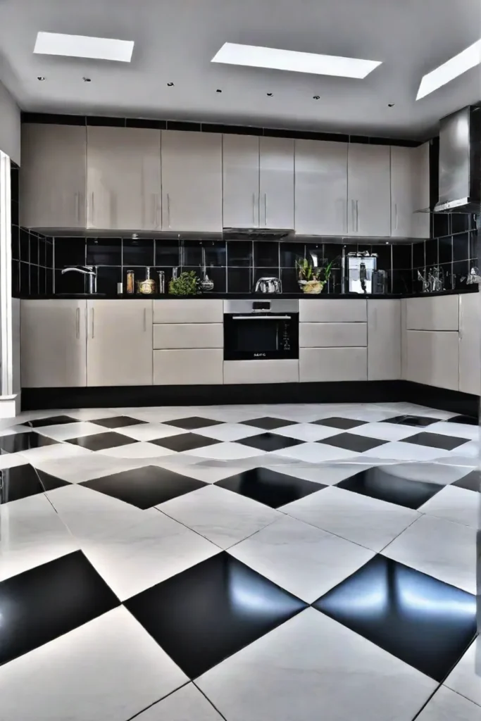 Kitchen with checkered ceramic tile flooring