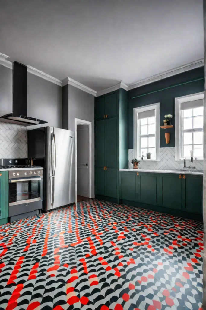 Kitchen with colorful geometric linoleum flooring