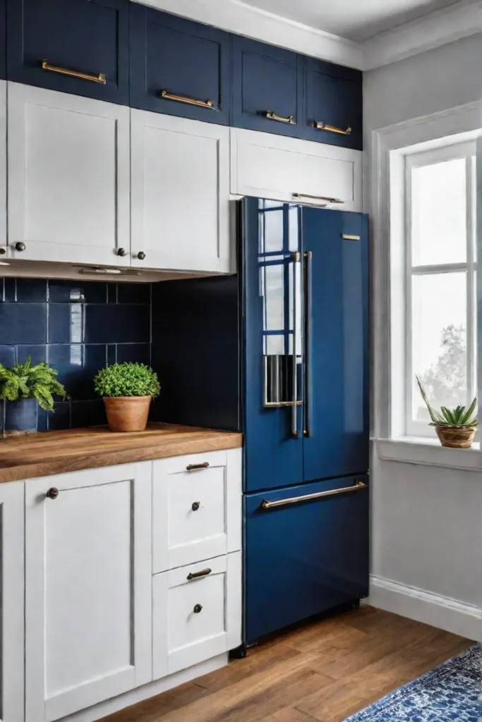 Kitchen with contrasting navy and white cabinets