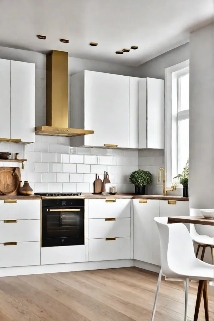 Kitchen with minimalist white cabinets
