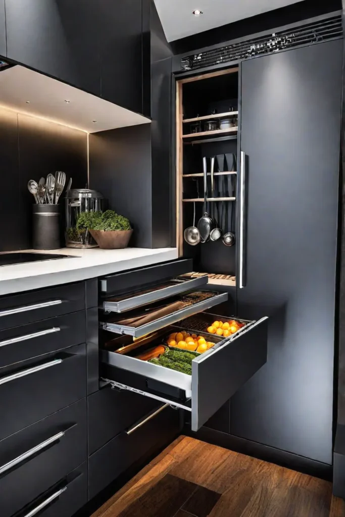 Kitchen with motorized pullout pantries and utensil drawers