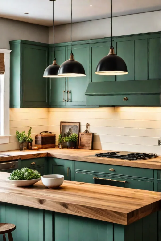 Kitchen with remodeled green painted cabinets
