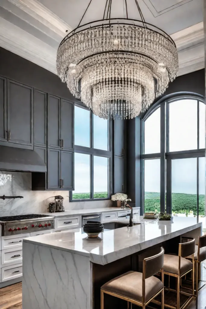 Kitchen with vaulted ceiling and dramatic chandelier