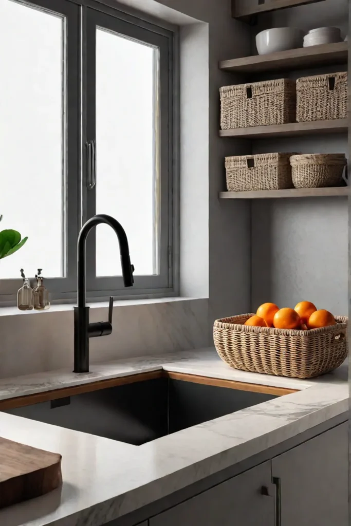 Kitchen sink area with natural materials and textures