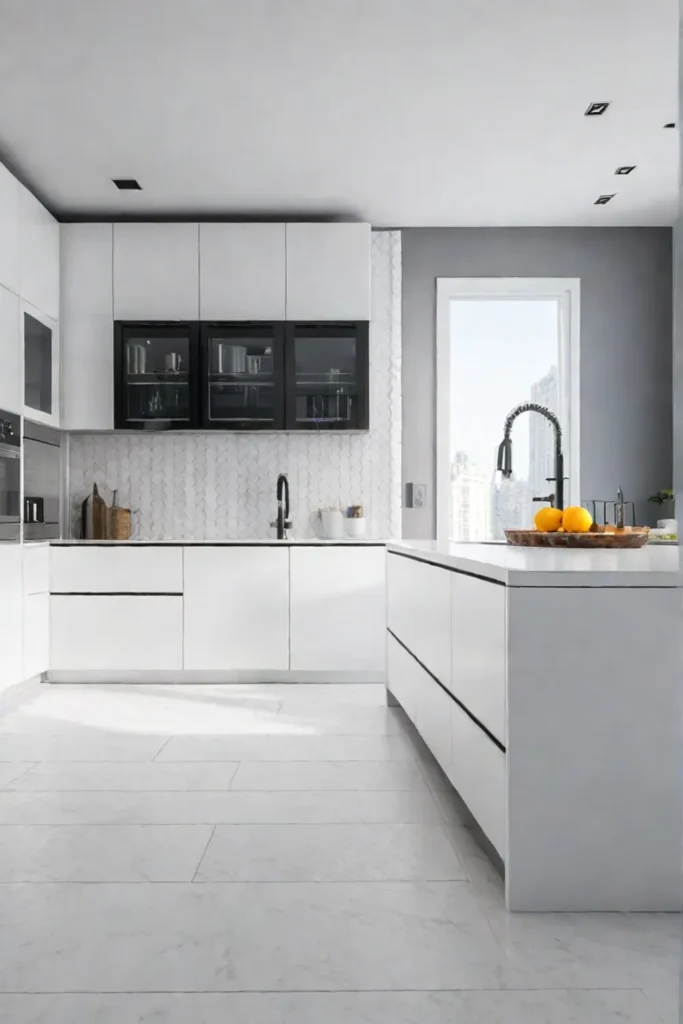 Large glossy white tiles reflecting light in a minimalist small kitchen