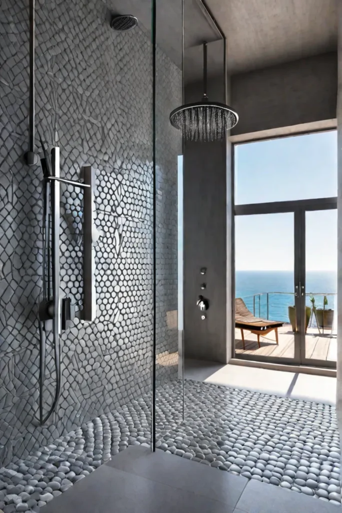 Largescale tile patterns with subtle variations in a small shower