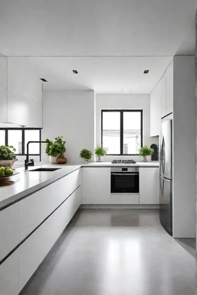 Light gray polished concrete floor reflecting light in a small minimalist kitchen