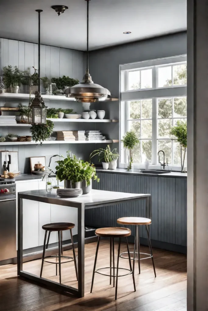 Light and airy tiny kitchen with vertical storage and multifunctional island