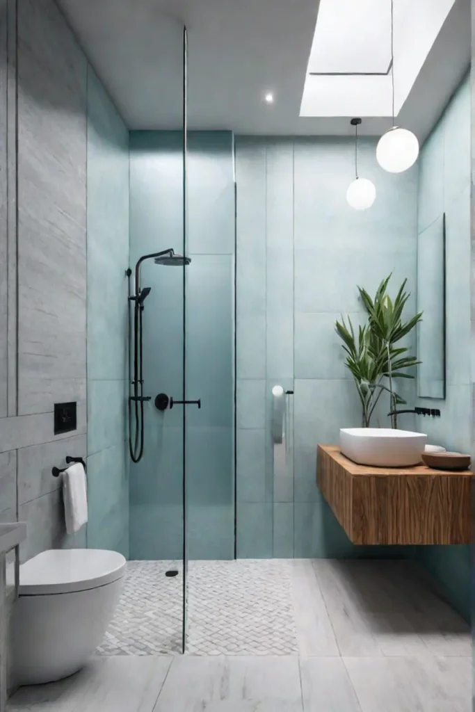 Lightcolored tiles and vertical patterns making a bathroom feel spacious