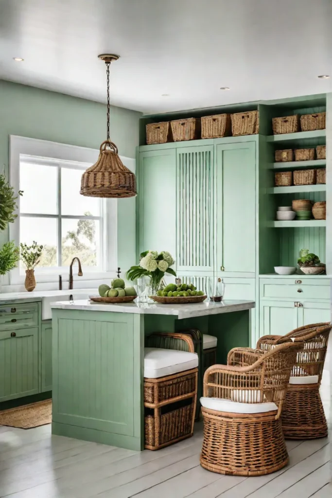Louvered kitchen cabinets in a coastalinspired kitchen