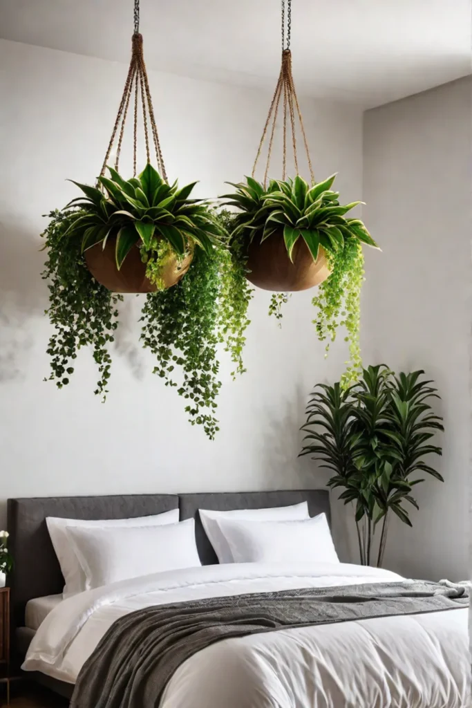 Lush greenery hanging above a serene bedroom