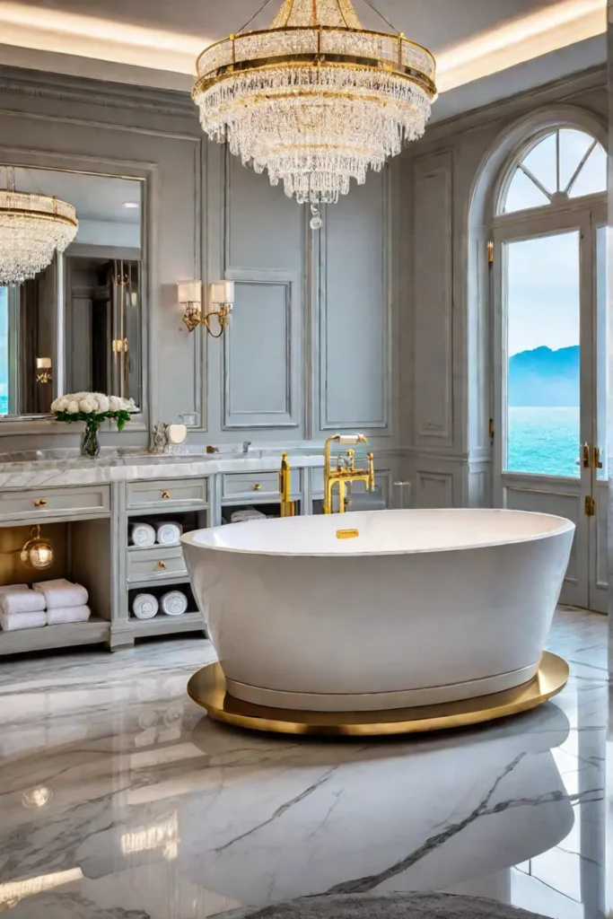 Luxurious bathroom with marble floors a soaking tub and gold accents