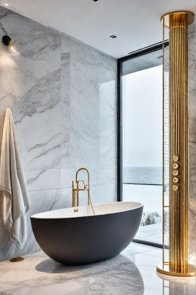 Luxurious bathroom with marble shower and gold accents