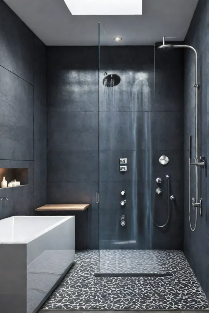 Luxurious bathroom with walkin shower and mosaic tile