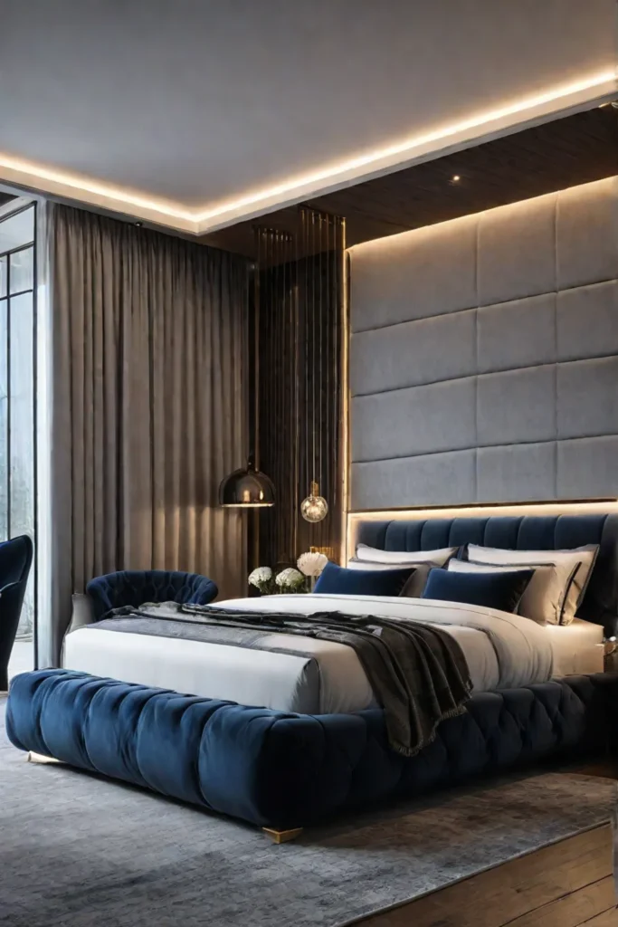 Luxurious bedroom with a velvet headboard and ambient lighting