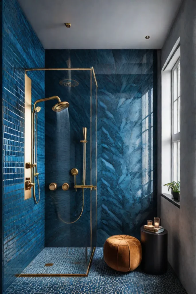 Luxurious shower with blue and gold mosaic accent wall