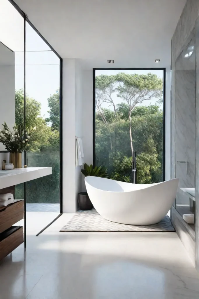 Luxurious bathroom design with seamless floortowall tiles and a freestanding tub
