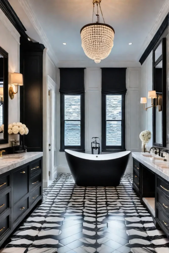 Luxurious master bathroom with black and white marble floor tiles