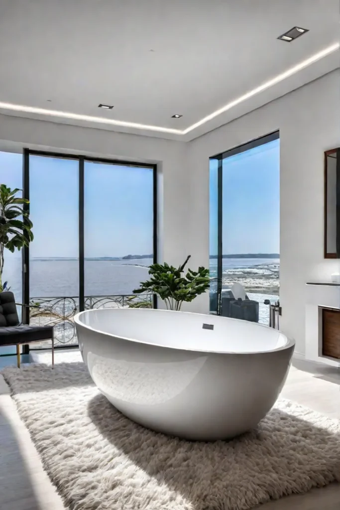 Luxury bathroom with freestanding tub and marble vanity