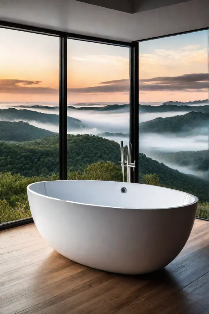 Luxury bathroom with freestanding tub and scenic view
