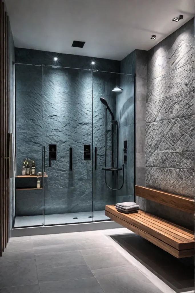 Luxury shower stall with mood lighting and natural stone